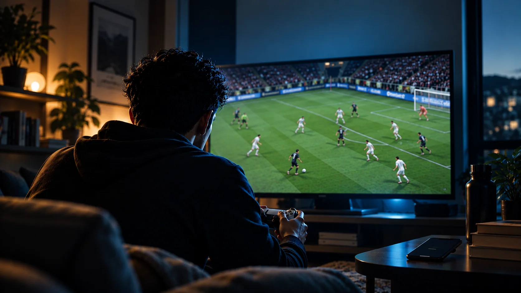A player holding a controller, with a football match on screen.